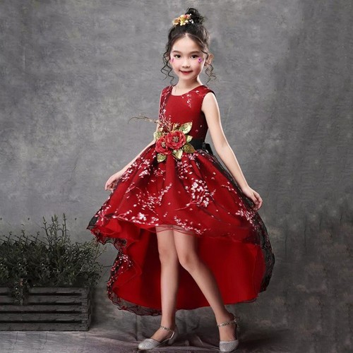 Đầm công chúa bé gái dáng đuôi tôm sát nách diện Noel đi tiệc màu đỏ hoa đào đính cườm cao cấp