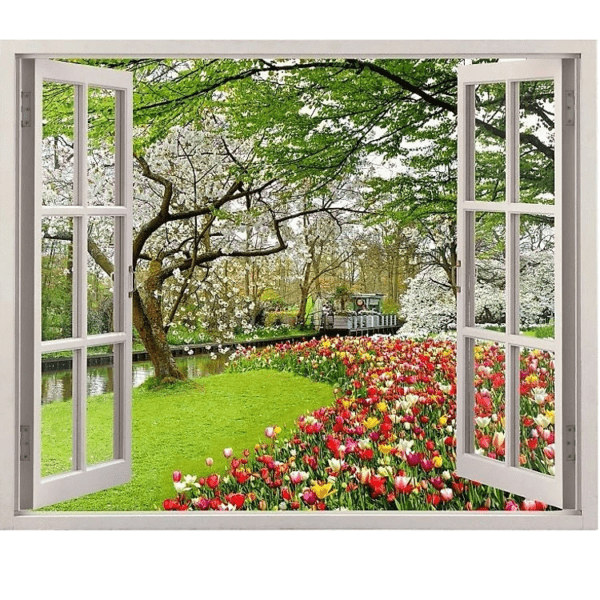 Tranh dán tường 3d cửa sổ hoa tulip - tranh dán tường phòng khách - phòng ngủ - không phai màu CS91