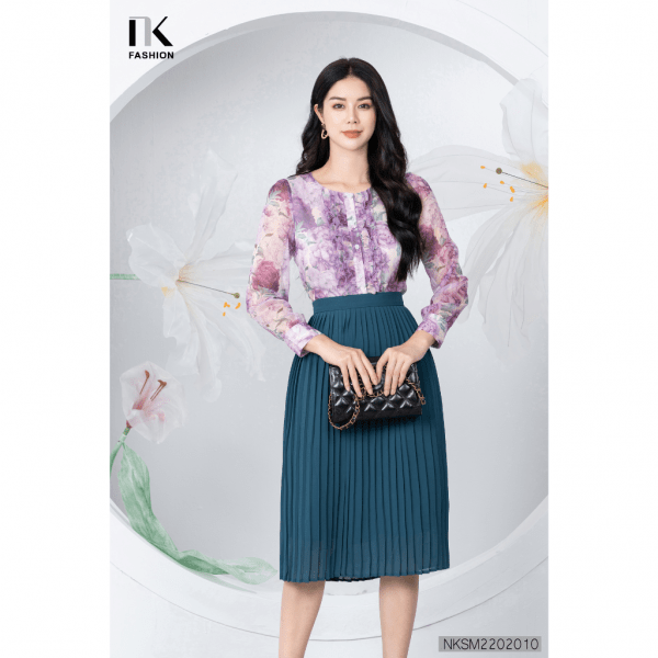 Áo Kiểu Nữ Dài Tay NK Fashion NKSM2202010 Họa Tiết Hoa Thanh Lịch, Thiết Kế Bèo Dọc Cổ, Vải Voan Hàn Cao Cấp